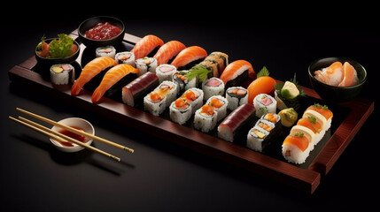 Beautiful sushi rolls Asian food set in a luxury restaurant isolated on a dark background. Generative AI illustration