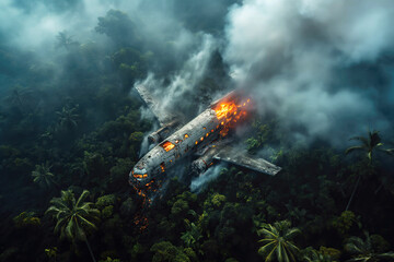 burning and smoking wreckage of passenger plane that crashed in forest jungle. Aerial top view from above - obrazy, fototapety, plakaty