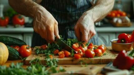 Man cutting vegetables in kitchen. - obrazy, fototapety, plakaty