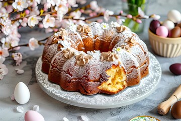 Easter yeast cake sprinkled with powdered sugar