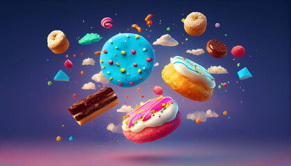 Abstract isolated floating macarons sweets on a blue or purple background, magic cloudy sky composition. Generative AI