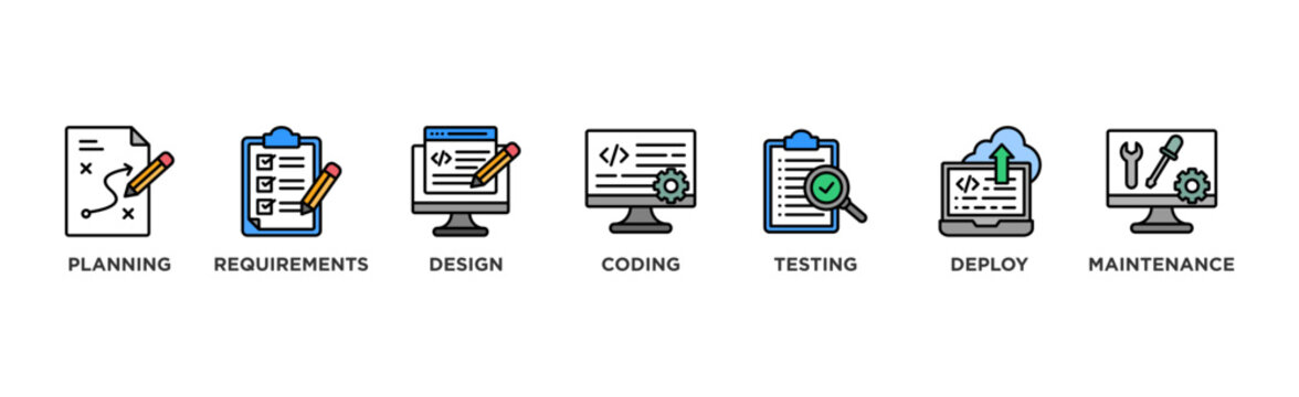 Software development life cycle banner web icon vector illustration concept of sdlc with icon of planning, requirements, design, coding, testing, deploy and maintenance