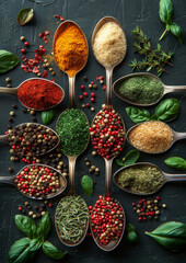 Assorted colorful spices in the spoons on the black stone table