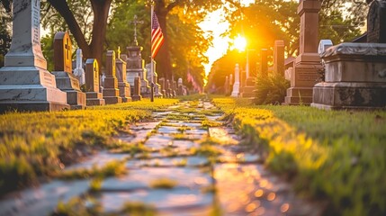 Memorial Day Cemetery Scene with American Flags at Sunset - obrazy, fototapety, plakaty