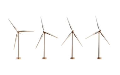Row of Wind Turbines on White Background. On a White or Clear Surface PNG Transparent Background.