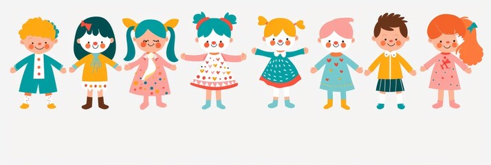 Variety of cartoon vector children in colorful outfits. A diverse group of cartoon children standing in row wearing various colorful outfits representing different styles and personalities 