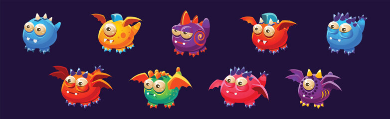 Funny Monster with Bulging Eyes and Wings Vector Set
