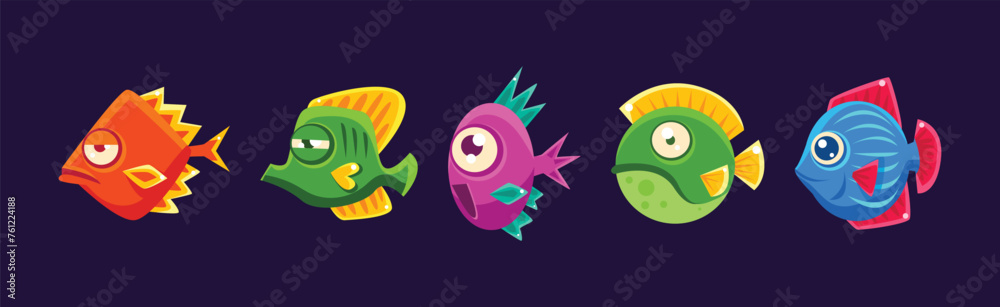 Wall mural funny fish in underwater world as marine life vector set