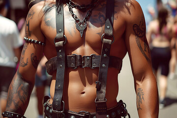 body of a sexy muscular gay man in tattoos and leather harness at LGBT Parade