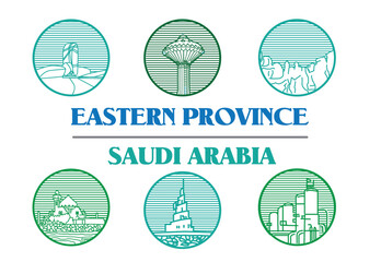 Eastern Province Saudi Arabia landmarks icons in linear clip art. Editable Clip Art.