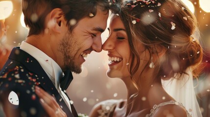 Wedding Reception Party with Smiling Couple - obrazy, fototapety, plakaty