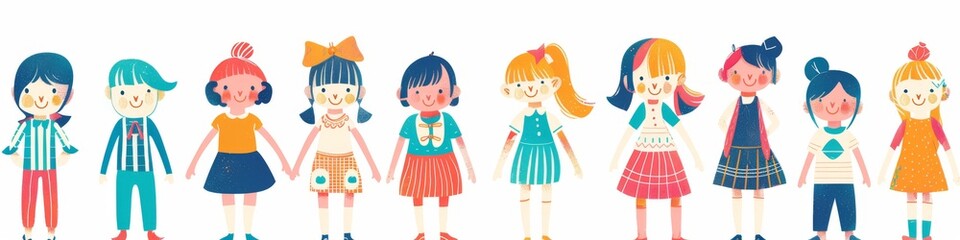 Variety of cartoon vector children in colorful outfits. A diverse group of cartoon children standing in row wearing various colorful outfits representing different styles and personalities 