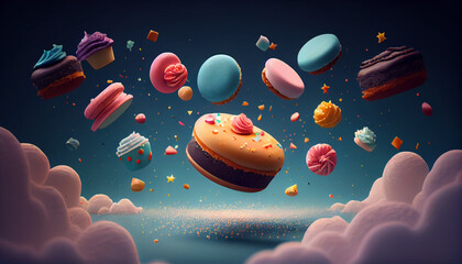 Abstract isolated floating macarons sweets on a blue or purple background, magic cloudy sky composition. Generative AI