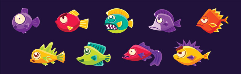 Funny Fish in Underwater World as Marine Life Vector Set