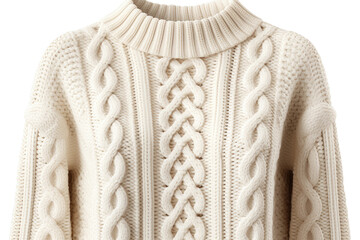 White Cable Knit Sweater With Turtle Neck. On a White or Clear Surface PNG Transparent Background.