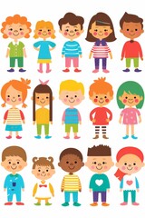 Variety of cartoon vector children in colorful outfits. A diverse group of cartoon children standing in row wearing various colorful outfits representing different styles and personalities 