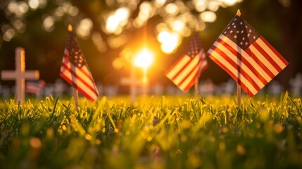 Memorial Day Tribute with American Flags at Cemetery at Sunrise