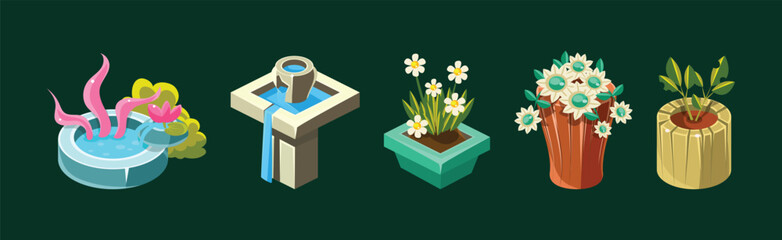 Video Game Garden Decoration Collection Of Elements Vector Set
