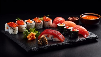 Beautiful sushi rolls Asian food set in a luxury restaurant isolated on a dark background. Generative AI illustration