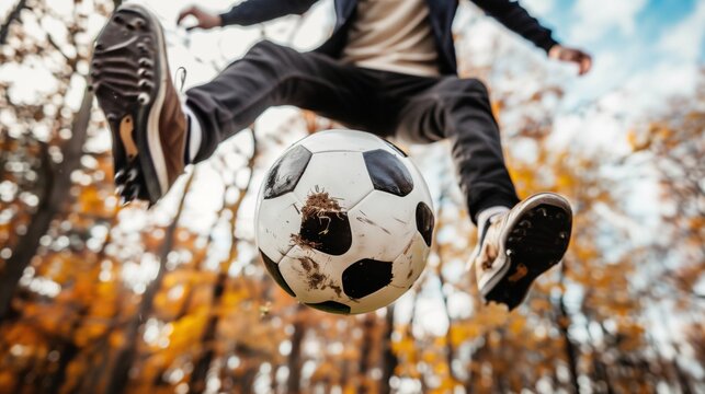 Dynamic Soccer Ball Kick on Autumn Day