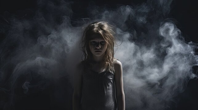 Girl alone in the dark, solitude, war, depressione, smoke, black background.