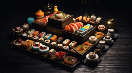 Beautiful sushi rolls Asian food set in a luxury restaurant isolated on a dark background. Generative AI illustration