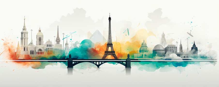 captivating painting showcasing Eiffel Tower standing tall heart of Paris, illuminated against a twilight sky. iconic landmark sparkles lights, emanating sense of romance elegance. Banner. Copy space