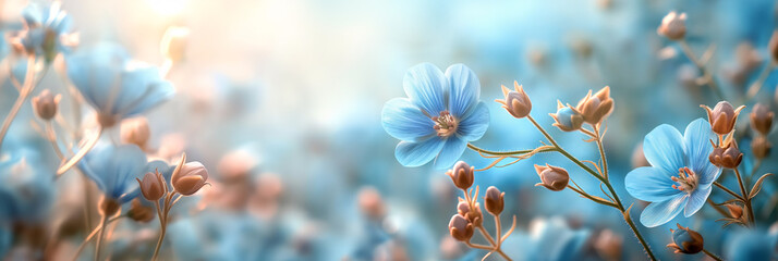 Beautiful spring banner with blue flowers in pastel colors, copy space