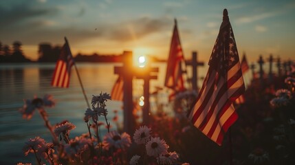 Memorial Day Tribute with White Crosses and American Flags