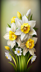 Narcissus or daffodil spring bouquet, blur multicolour bokeh background. Beautiful vertical composition. Generative AI