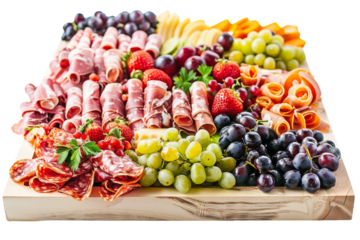 Assorted Foods on Wooden Cutting Board. On a Transparent Background.
