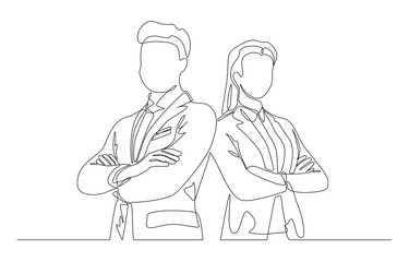 Continuous one line drawing of businessman and businesswoman standing together and crossing arms, business teamwork, partnership concept, single line art.