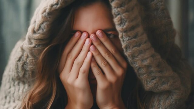 Close up of unhappy anxiety young caucasian female,A woman covers her face with her hands because she is depressed.