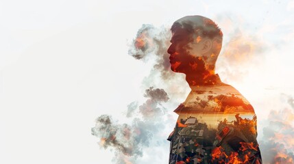 Post traumatic stress disorder. Soldier amidst the smoke. A tribute to the realities of war. Copy space. - obrazy, fototapety, plakaty