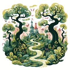 A magical forest scene with towering trees winding