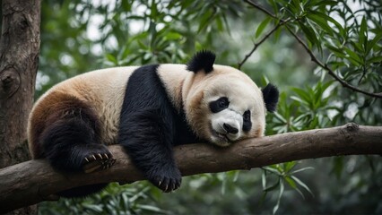 Obraz premium Sleeping Panda on a tree branch.