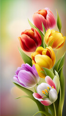 Spring tulip bouquet on blurred bokeh background, isolated flowers. Bright colourful vertical composition. Generative AI