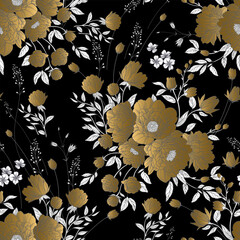 Floral seamless pattern with flowers peonies and butterflies on black background. - 761226982