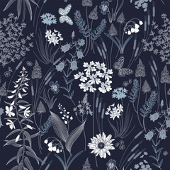 Floral seamless pattern with wildflowers and butterflies.