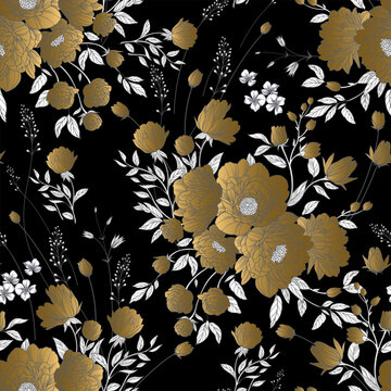 Floral seamless pattern with flowers peonies and butterflies on black background.