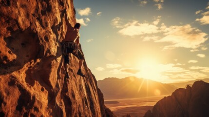 A sporty man is engaged in rock climbing, climbing a cliff in the mountains. The concept of adventure and extreme sports.