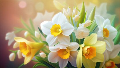 Fototapeta premium Narcissus or daffodil spring bouquet, blur multicolour bokeh background. Beautiful composition. Generative AI
