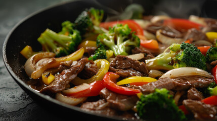 Steaming beef stir-fry with vibrant vegetables sizzles in a dark pan, ready to be served.