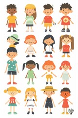 Fototapeta premium Variety of cartoon vector children in colorful outfits. A diverse group of cartoon children standing in row wearing various colorful outfits representing different styles and personalities 