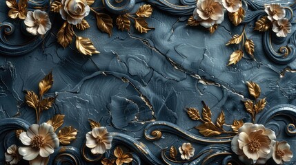 Ornate Golden Baroque Frame Elements on Textured Blue Marble. - obrazy, fototapety, plakaty
