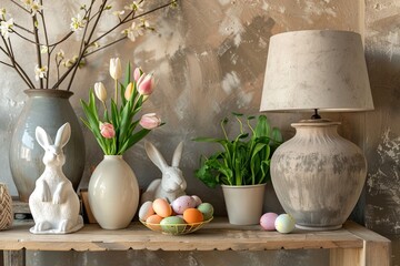Interior design of easter dining room with colorful easter eggs