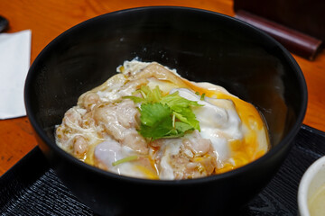 Close up bowl of Chicken Teriyaki Don(rice) served with eggs