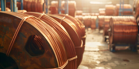 Copper wire cable production in coils metal steel industrial plant, Rolled metal products Different profiles and tubes, 

 - obrazy, fototapety, plakaty