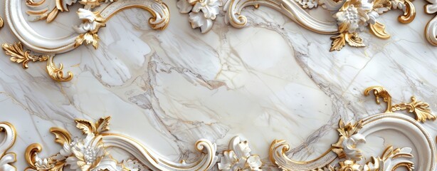 Golden Baroque Frame on Marble Background with Ornate Details.