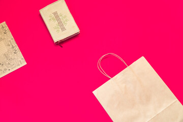 Top view brown paper shopping bag on colourful background, Mock-up of blank brown paper shopping...